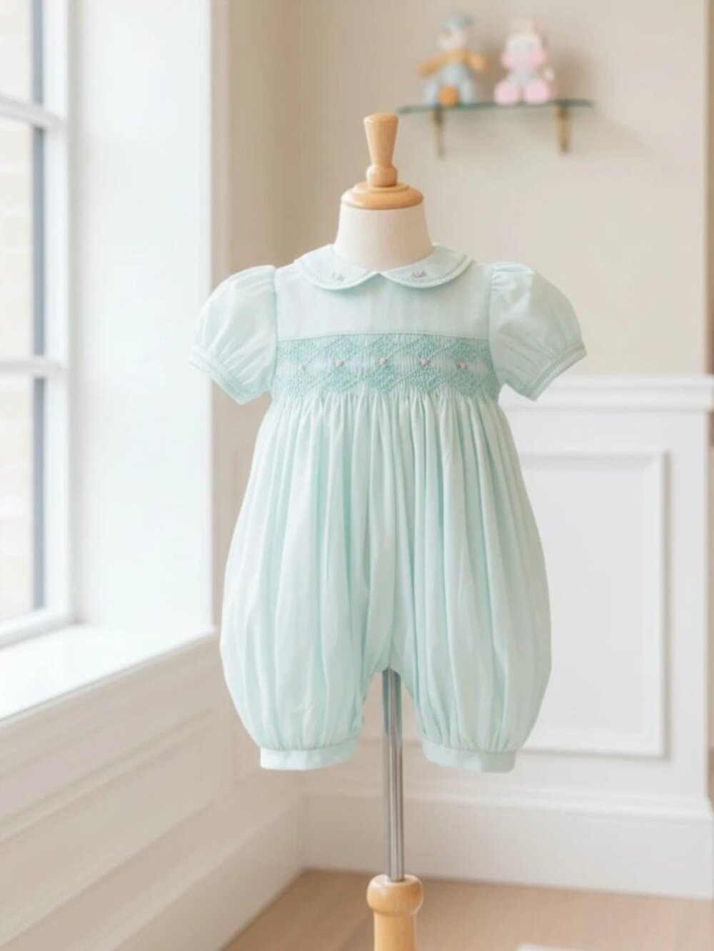 NWT PETIT AMI Mint Green Smocked Bubble Romper – 6 mos.